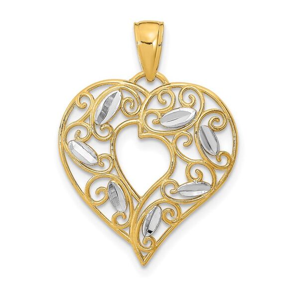 10K Yellow Gold W/ Rhodium D/C Filigree Heart Charm